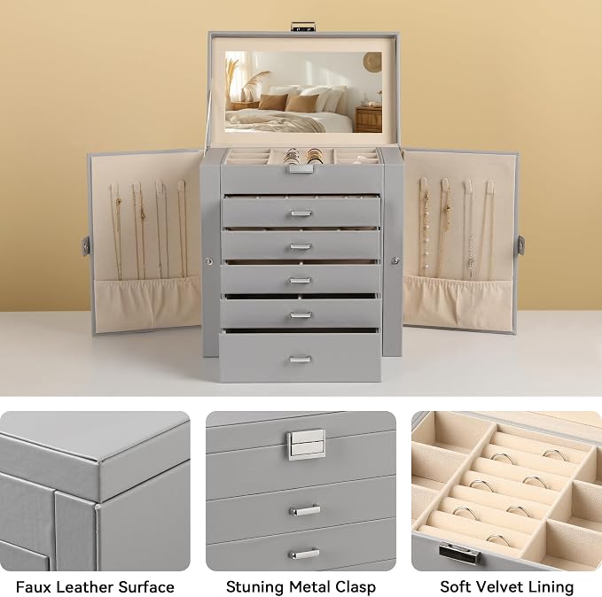 Frebeauty 6-Layer Jewelry Box for Women,Large Jewelry Organizer with Drawer | Faux Leather,Built-in Mirror,Spacious Jewelry Storage,16 Necklace Hooks,Organizing by Category for Rings Earrings Bracelet