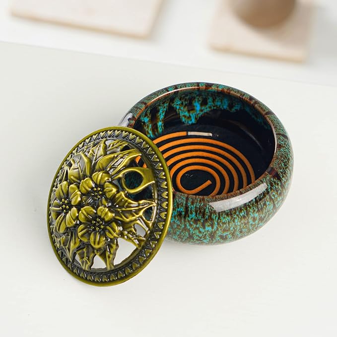 Incense Burner with Calabash Incense Stick Holder - Porcelain Charcoal Censer for Use with Resin Granular Powder Cone or Coil Incense (Kiln-Colored Blue)