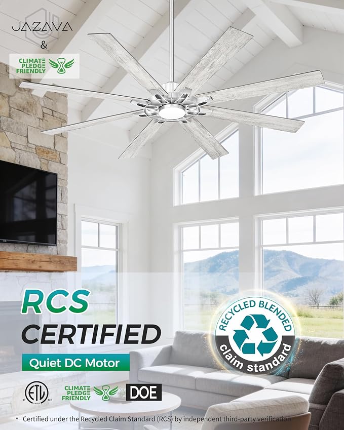 72 Inch Brushed Nickel Ceiling Fan with Light, Smart Alexa Control, Large Indoor Outdoor Fan with Dual Finish 8 Plywood Blades for Living Room, Patio, ZCCF05BN-72