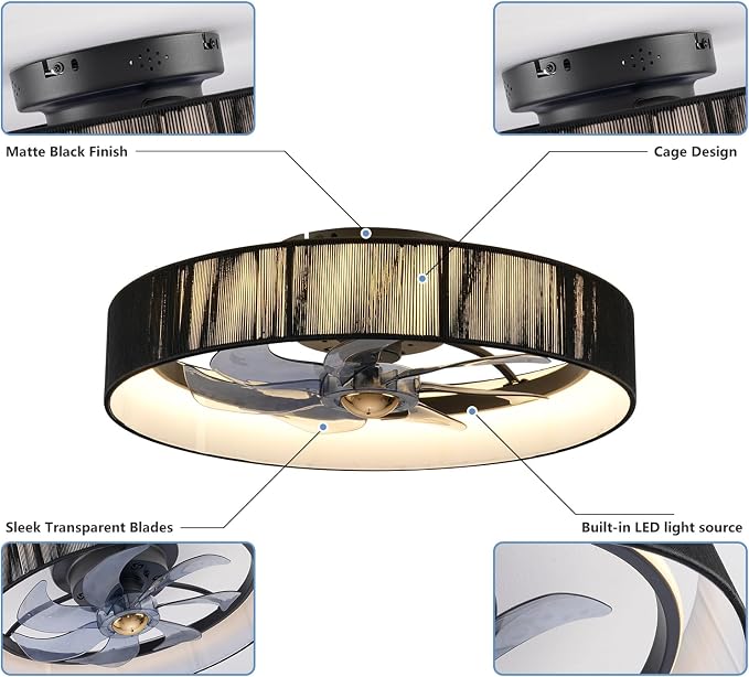 19.6'' Farmhouse Dimmable Ceiling Fan with Lights and Remote Control,Flush Mount Boho Ceiling Fan with Light,chandelier with fabric shades,LED Light 3 Color Temperatures 6-Speed Timer for Bedroom