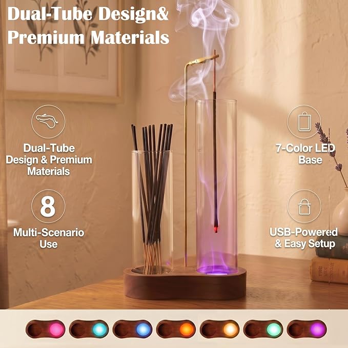 Glowing Glass Incense Holder - 2-in-1 Double Tube Incense Stick Holder with Ash Catcher for Palo Santo, Sage & Meditation - Aesthetic Zen Home Decor for Spa, Yoga & Relaxationn