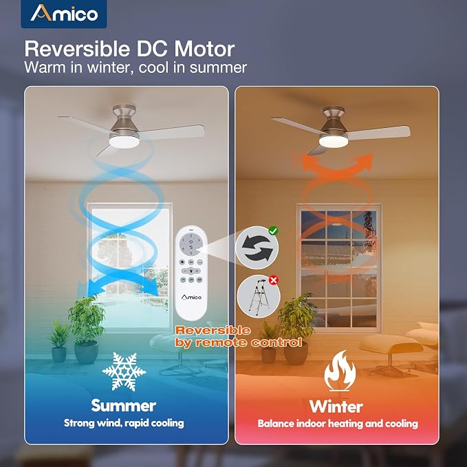 Amico Ceiling Fans with Lights, 42 inch Low Profile Ceiling Fan with Light and Remote Control, Flush Mount, Reversible, 3CCT, Dimmable, Noiseless, Silver Ceiling Fan for Bedroom, Indoor/Outdoor Use
