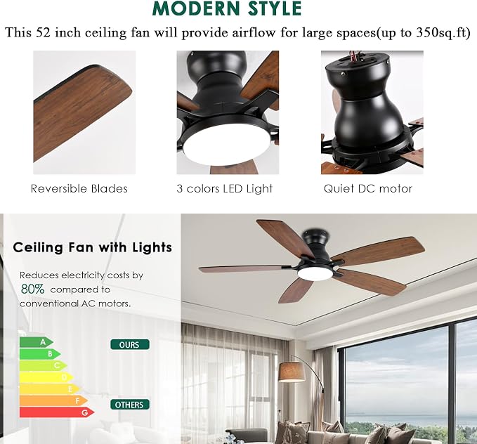NKPU Ceiling Fans with Lights, Low Profile Ceiling Fan with Light and Remote/APP Control, DC Motor, Noiseless, Flush Mount, 52inch Brown Ceiling Fan for Bedroom Indoor/Outdoor Use
