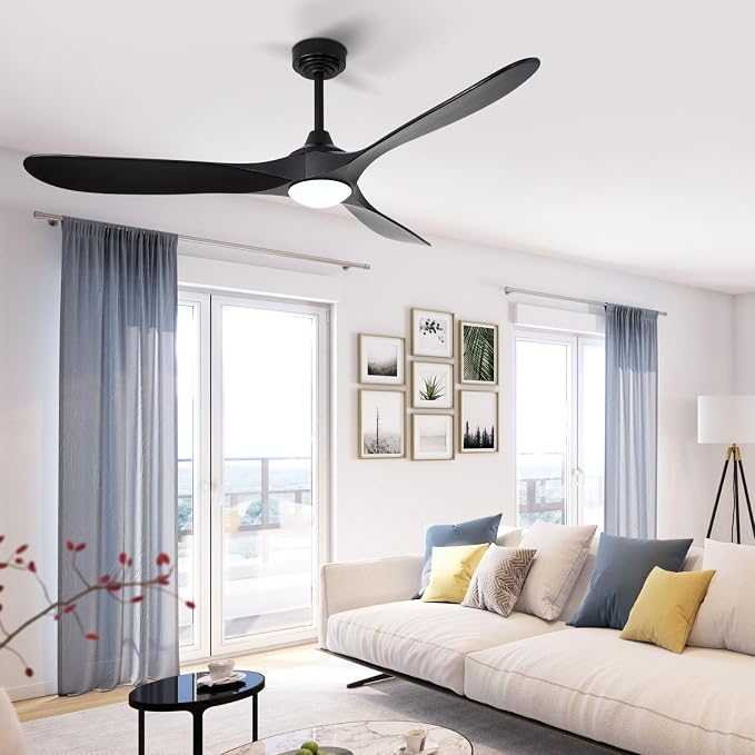 60” Outdoor Ceiling Fan with Light 3 Downrods, Smart Wood Ceiling Fan Compatible with Alexa/Google/App, 3 Blades Modern Black Wood Ceiling Fans for Kitchen Living Room Patio