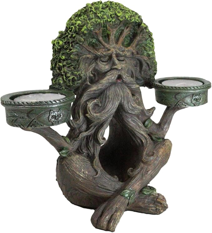 Ebros Gift Mystic Forest Celtic Greenman Tree Man God Ent Meditating Waterfall Smoke Backflow Incense Cone Burner and Double Votive Candleholders Figurine Horned God Tree of Life