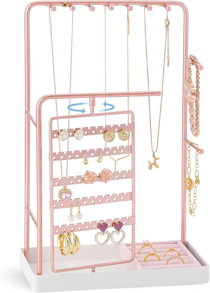 ProCase Jewelry Stand Holder Organizer and Storage, Rosegold (No-Assembly) | Rotating Earring Bracelet Holder Storage, Hanging Jewelry Display Velvet Ring Tray, Teen Girls Birthday Gifts Room Dorm Decor