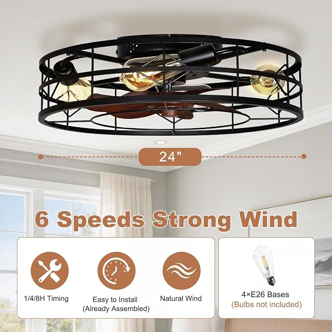 TCL 24 Inch Caged Ceiling Fans with Lights and Remote, Low Profile Flush Mount Fandelier, Rustic Farmhouse Style Ceiling Fans for Bedroom, Kitchen,Outdoor