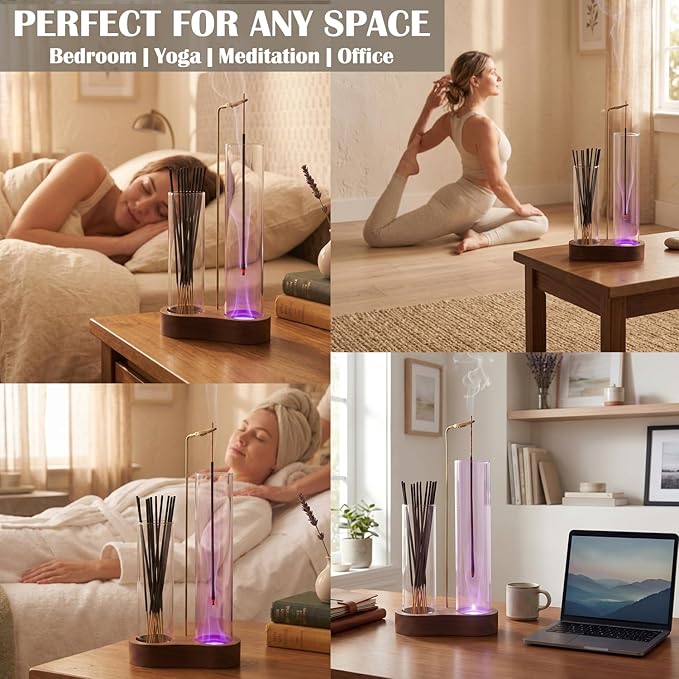 Glowing Glass Incense Holder - 2-in-1 Double Tube Incense Stick Holder with Ash Catcher for Palo Santo, Sage & Meditation - Aesthetic Zen Home Decor for Spa, Yoga & Relaxationn