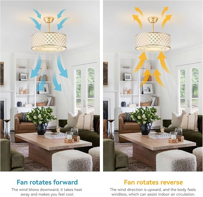 Gold Fandelier Ceiling Fan with Light, 20" Caged Gold Chandelier Ceiling Fans with Lights Remote Control, Fabric Mid-Century Modern with 6 Speeds for Bedroom, Nursery, Living Room.