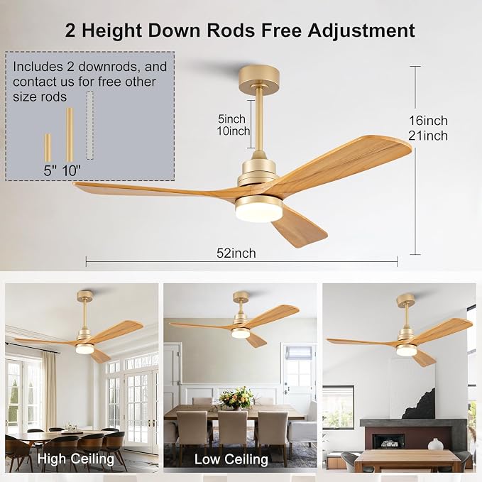 52 Inch Boho Ceiling Fans with Lights and Remote, Gold Ceiling Fan with Quite Reversible DC Motor, Dimmable LED Memory Function,Solid Wood Indoor Outdoor Ceiling Fan with Light for Patio Bedroom