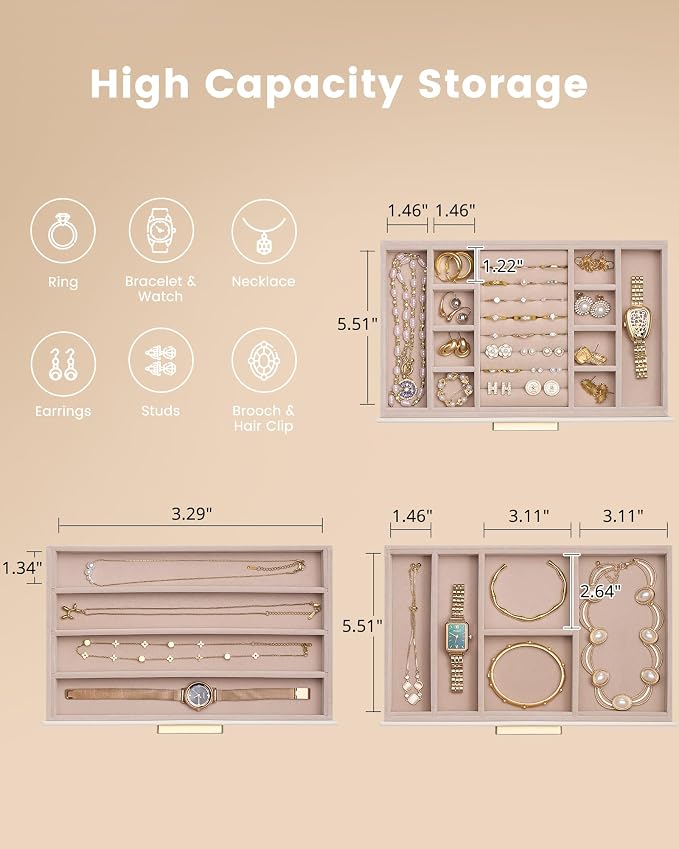 Lolalet Jewelry Box Organizer, 3-Layer Jewelry Organizers and Storage Case with Glass Lid, Ring Earring Bracelet Necklace Holder Organizer, Mothers Day Gifts for Mom, Women Girls -3Layer, Beige