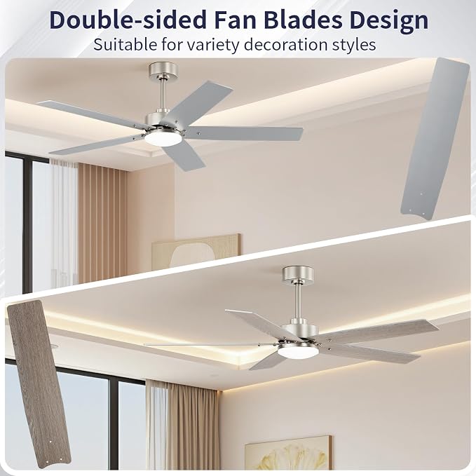 52 Inch Ceiling Fans with Lights and Remote for Bedroom Living Room Kitchen Home Office Indoor/Outdoor, 18W 3CCT Dimmable, Dual Color 5 Blades 6 Speed Reversible Quiet DC Motor, Sand-nickel/Wood Grain