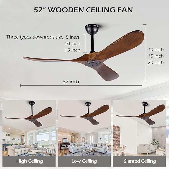 52 Inch Ceiling Fan No Light ，Wood Outdoor Ceiling Fans for Patios Living Room Bedroom 3 Blade Propeller Modern Ceiling Fan Without Light with remote Control(Walnut)