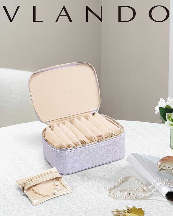 VLANDO Jewelry Travel Case,Travel Jewelry Organizer with Clear Velvet Jewelry Bags 8Pcs Zipper Pouch for Women Girl Gift- Purple