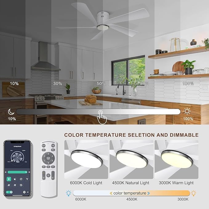 Ohniyou 52” Flush Mount Modern White Ceiling Fan with Lights | Remote/APP Control, Low Profile, 3CCT Dimmable LED, Quiet DC Motor, Reversible, Indoor & Covered Outdoor Overhead Fans