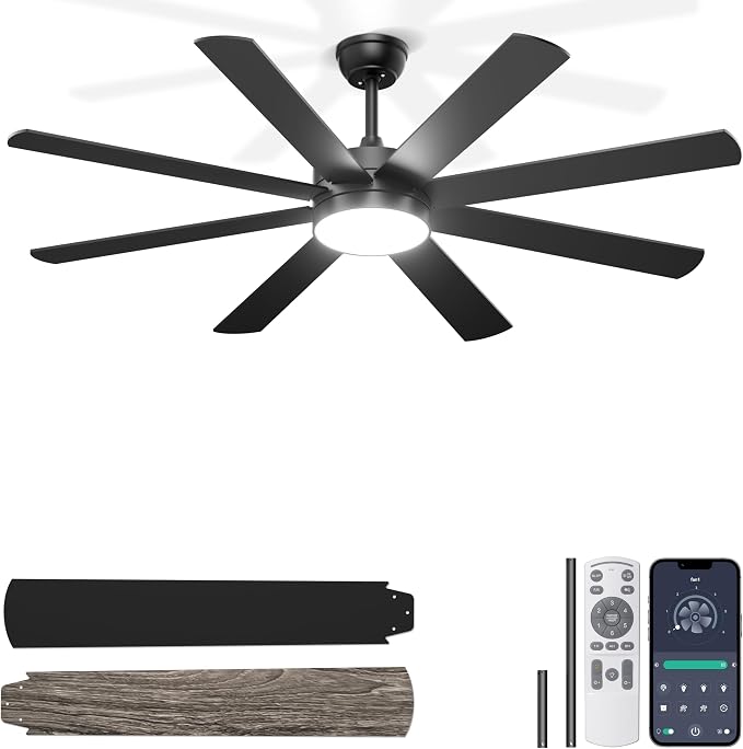 60'' Ceiling Fans with Lights - Modern Black Ceiling Fan Remote/APP Control, Dimmable, Quiet DC Motor Ceiling Fan for Indoor/Covered Outdoor