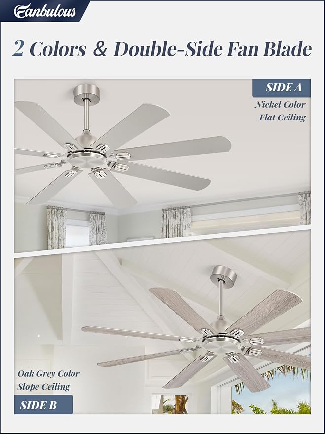 Fanbulous Ceiling Fans No Light with Remote, Modern Ceiling Fan Without Light, Dual Finish 6 Blades, Reversible Quiet DC Motor, 6 Speed, Large Ceiling Fan for Indoor or Outdoor (Nickel, 62 Inch)