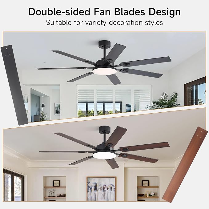 64 Inch Ceiling Fans with Lights and Remote, Bedroom Living Room Office Library Cafe Outdoor Industrial, 5CCT Dimmable, Dual Color 7 Blades, 6 Speed Reversible Quiet DC Motor, Black/Wood Grain