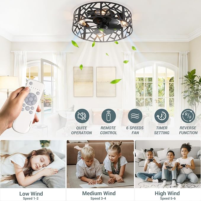 20" Farmhouse Flush Mount Ceiling Fan with Light and Remote, Black Caged Low Profile Fandelier, 6-Speed Reversible Enclosed Ceiling Fan for Bedroom, Kitchen, Small Room