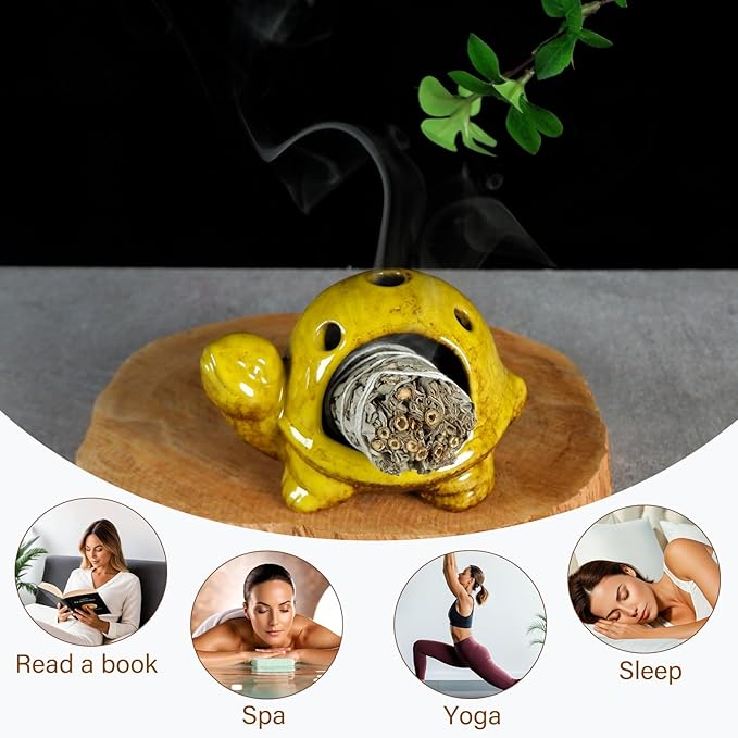 Mougigi Yellow Ceramic Turtle Palo Santo Burner Holder-Mini Chiminea Incense Dish for Burning Smudge Sticks、Sage、Aromatic Santos、 Incense Cones Fits Altar &Zen Spaces,Unique Gift for Friends & Family