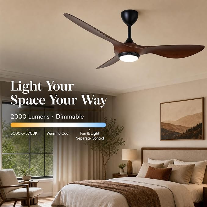 reiga 52" Modern Ceiling Fan with Light, Smart Alexa APP Remote Control | ABS Brown Blades,Metal Fittings,Quiet Energy-Saving DC Motor,6 Wind Speeds Reversible,Dimmable CCT Light,Downrods Included