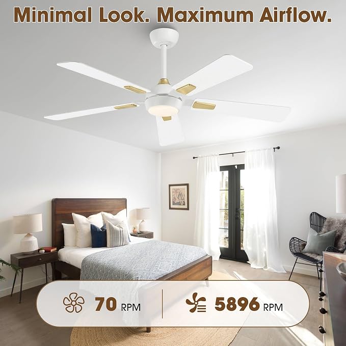 52 Inch White Ceiling Fan with Light and Remote, Modern Ceiling Fan with 6-Speed Reversible Motor, Dimmable LED 3CCT for Bedroom Living Room Apartment