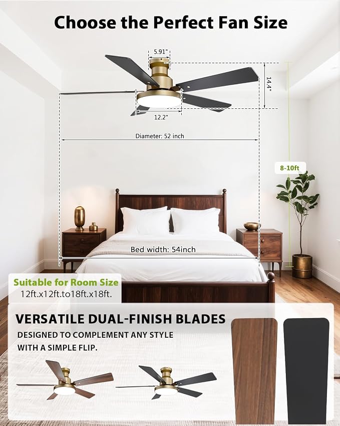 52 Inch Low Profile Gold Ceiling Fans with Lights and Remote/App, Modern Flush Mount Black and Gold Ceiling Fan, 12.2'' Large 3CCT LED Light Panel,6-Speed Quiet Motor for Bedroom Living Room