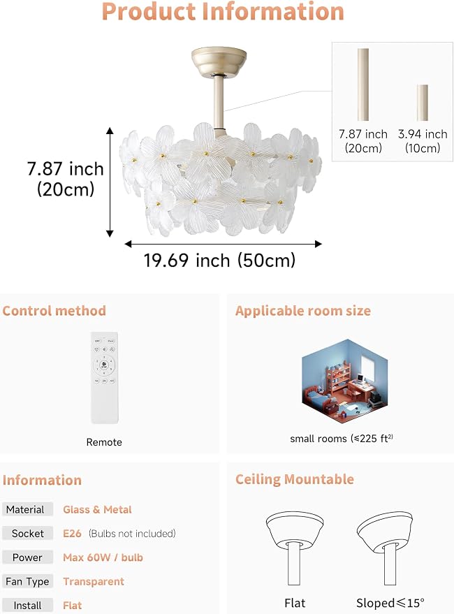 Gold Crystal Fandelier Ceiling Fans with Lights, 20" Gold Flower Chandelier Ceiling Fan with Light Remote Control, Caged Mid-Century with 6 Speeds for Bedroom, Nursery, Living Room