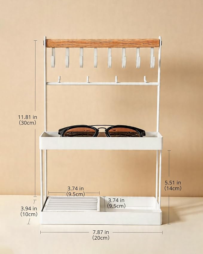 4-Tier Jewelry Organizer Stand with 12 Hooks & Velvet Ring Tray, Necklace Holder, Tangle-Free Jewelry Display for Bracelets Rings, Room Dorm Decor for Dresser Vanity, Gift for Teen Girls, White