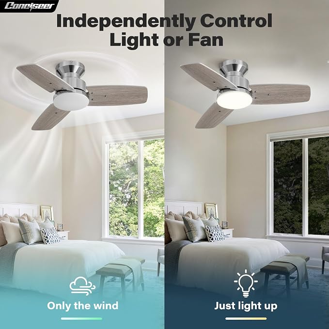 42 Inch Ceiling Fans with Lights and Remote, Bedroom Living Room Office, Flush Mount, 6CCT Dimmable, Dual Color 3 Blades 6 Speed Reversible Quiet DC Motor, Chrome-Plated/Wood Grain