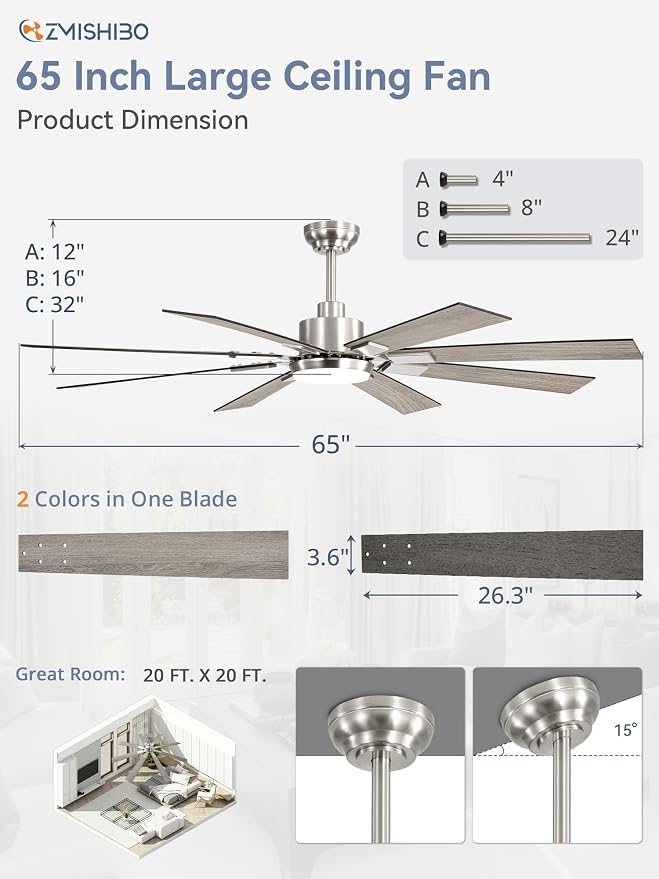 ZMISHIBO 65 Inch Ceiling Fans with Lights and Remote, Brushed Nickel Large Ceiling Fan with 3000-6000K Dimmable, Quiet Reversible DC Motor, 6 Speeds, Indoor/Outdoor Ceiling Fan for Patios Living Room