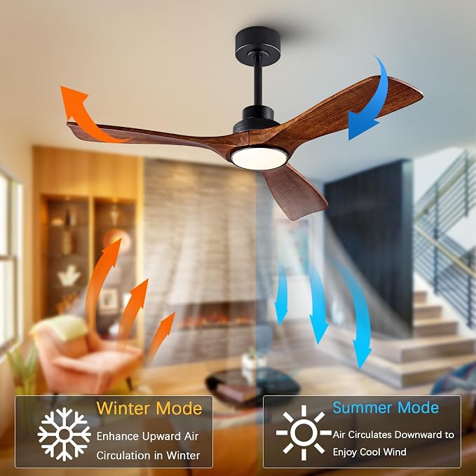 QUTWOB 42" Wood Ceiling Fan with Light, Reversible DC Motor, Remote Control | solid wood blades, quiet 6-speed reversible dc motor, remote control, 3-color dimmable led, for indoor outdoor patio bedroom