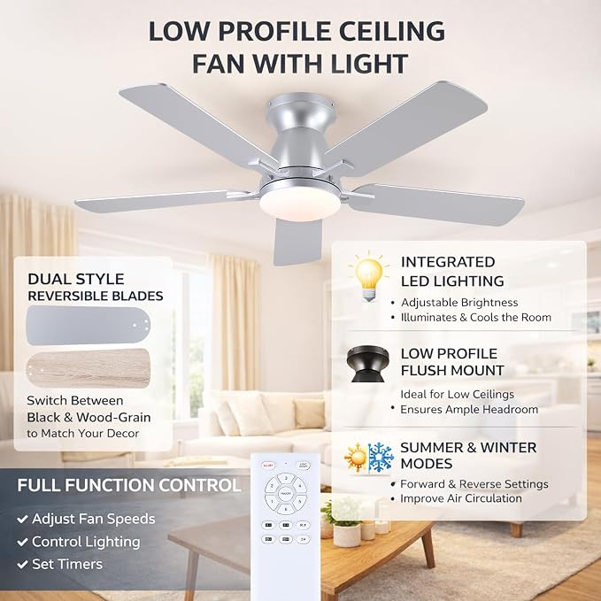 46 Inch Ceiling Fans with Lights and Remote, Flush Mount, Silver | Low Profile, Dimmable LED, Reversible, Quiet DC Motor, Wooden Blades, for Modern Apartment Bedroom Home Office Living Room