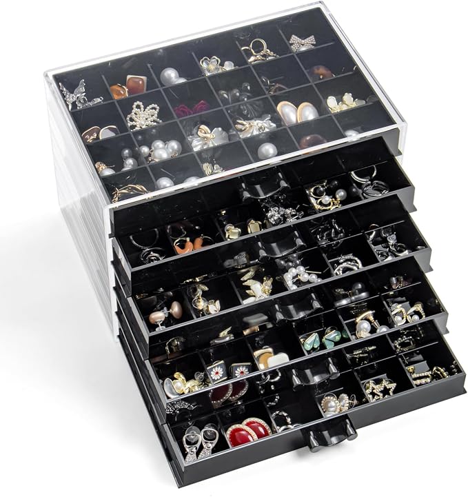 YUFONG Earring Storage Box Organizer, Acrylic Jewelry Storage Box Holder 5 Drawers Transparent Jewelry Display Stand with 120 Small Compartments Gift Boxes for Women Girls (Black)