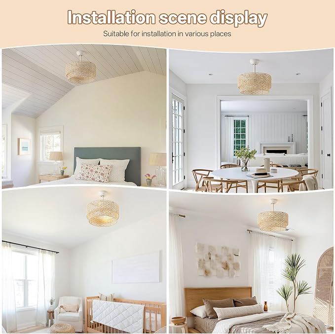 20" Boho Ceiling Fans with Lights, Rattan Fandelier Chandelier Ceiling Fan with Light Remote Control, Caged with 6 Speeds for Bedroom, Nursery