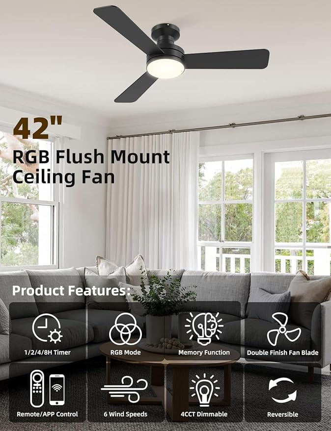 42 inch RGB Ceiling Fan with Light, Smart App & Remote Control Low Profile Flush Mount, Music Sync Lighting, 6-Speed Quiet Reversible DC Motor, 4CCT Dimmable for Home Office Party,Black