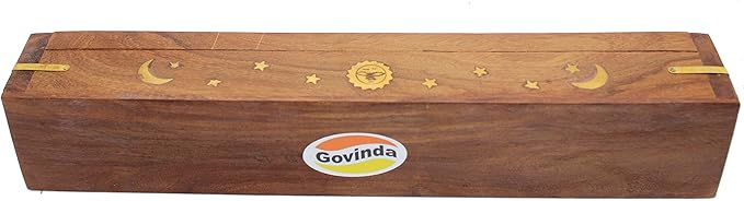 Govinda Wooden Coffin Incense Burner - 12" Sun Moon Star - Brass Inlays - Storage Compartment …