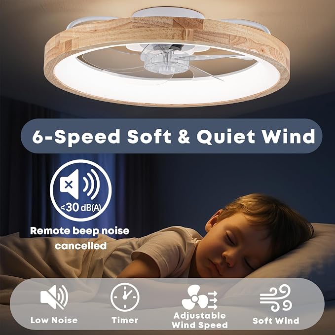 Fszdorj 24'' Ceiling Fan with Light and Remote, Low Profile Ceiling Fan with Light, Dimmable Flush Mount Ceiling Fan Light, 6 Speeds Fan, App&Remote Control, Fandelier Quiet Fan for Bedroom F126