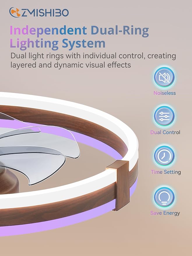 ZMISHIBO RGB Ceiling Fans with Lights and Remote, 20 inch Low Profile Ceiling Fan with Light, 3000K-6000K Dimmable & RGB, Modern Fandelier Flush Mount Ceiling Fan, Small LED Fan for Bedroom,Walnut