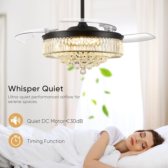 48 Inch Fandelier Ceiling Fans with Light, Chandelier Ceiling Fan, Retractable Ceiling Fan for Bedroom, Living Room, 3 Color Change, LED Dimmable, 6 Speeds, Reversible DC Motor- Black
