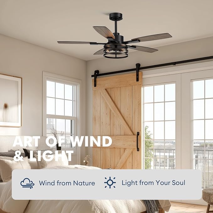 52-Inch Retro Black Downrod Curved Tube Ring-Style Iron Cage Ceiling Fan with Light Industrial Energy-Saving Quiet Strong Airflow for Living Room Bedroom