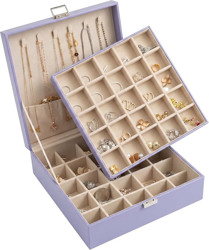 Frebeauty 50 Grid Earring Holder Organizer,2 Layer Jewelry Box for Women | Faux Leather,Velvet Lining,Adjustable Divider,Jewelry Organizer for Ring Necklace and Bracelet,for Home Use and Jewelry Store
