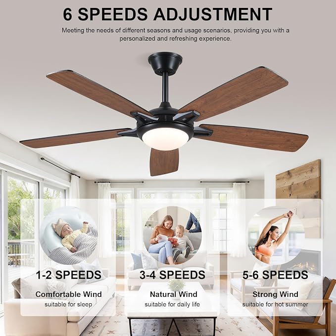 Kviflon 52 Inch Ceiling Fans with Lights and Remote, Modern Indoor Outdoor Ceiling Fan for Bedroom Living Room Patio Porch, 6 Speeds, Reversible Quiet Motor, Dual Finish Wooden Blades, Brown