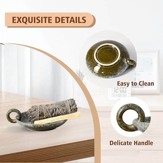 Ceramic Candle Holders with Handle, Palo Santo Holder for Burning, Vintage Farmhouse Smudge Incense Stick Bowl, Sage Burner Tray, Ash Catcher Plate for Meditation Room Home Decor (Green Grey)