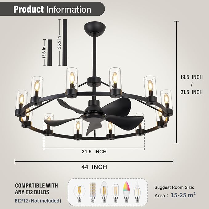 44" Wagon Wheel Chandelier Ceiling Fans with Lights and Remote with APP, 12-Lights Farmhouse Fandelier Fans with Glass Shade, Black Industrial Lighting Fixture for Dining Living Room, Kitchen Island