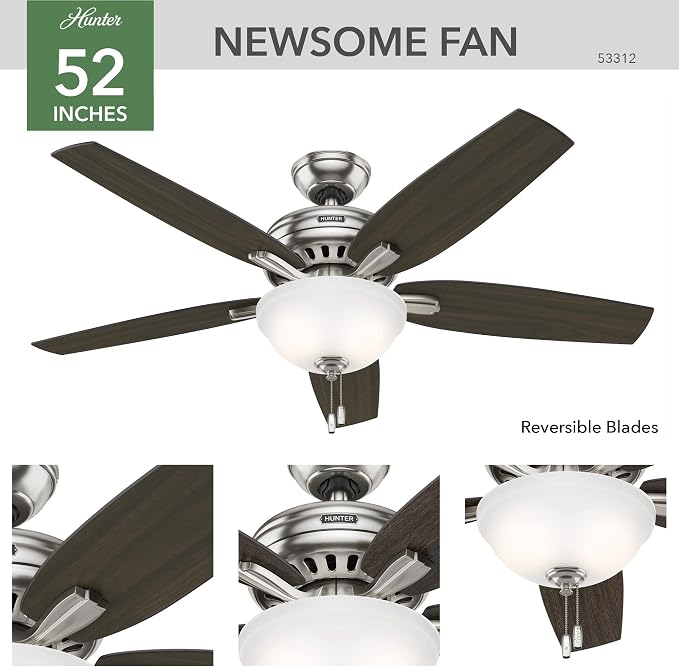 Hunter 52 inch Indoor Ceiling Fan with LED Light - Ceiling Fan with Pull Chain, For Bedroom or Living Room, Standard Mount, No Remote, 5 Blades, Includes Bulbs - Newsome 53312, Brushed Nickel