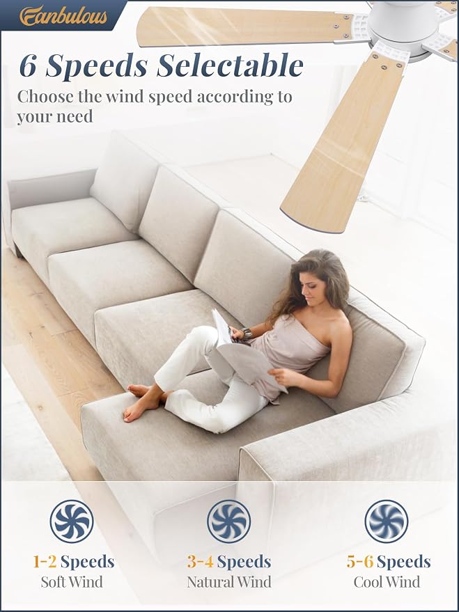 Fanbulous 52” Ceiling Fans with Lights and Remote, Flush Mount Ceiling Fan | Low Profile,Modern Ceiling Fan with LED Light, 5 Blades, 3CCT, 6 Speeds,Timer,Bedroom, Indoor, Outdoor,Living room,White