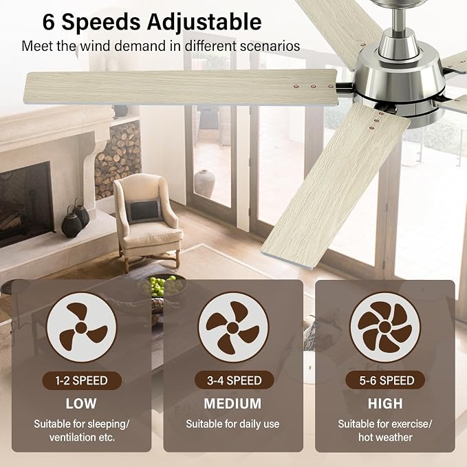 60 Inch Brushed Nickel Ceiling Fans with Lights and Remote, Reversible, 3CCT, Dimmable, Noiseless, Large Ceiling Fan for Bedroom, Living Room and Patio, Indoor/Outdoor Use