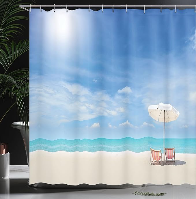Ambesonne Hawaiian Shower Curtain, Secluded Tropical Island Beach with Chairs and Umbrella Ocean Sand Seascape Photo, Cloth Fabric Bathroom Decor Set with Hooks, 69" W x 70" L, Beige Blue