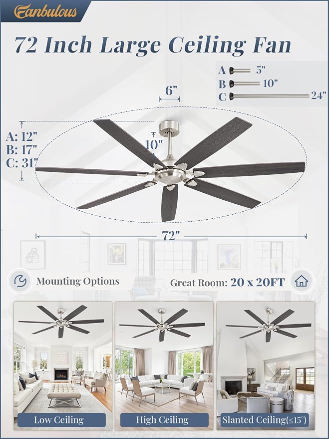 72 Inch Ceiling Fan No Light with Remote Control, Grey Ceiling Fans Without Light With 6-Speeds Quiet Reversible DC Motor, Indoor/Outdoor Ceiling Fan with Dual Finish 7 Blades for Patio Living Room